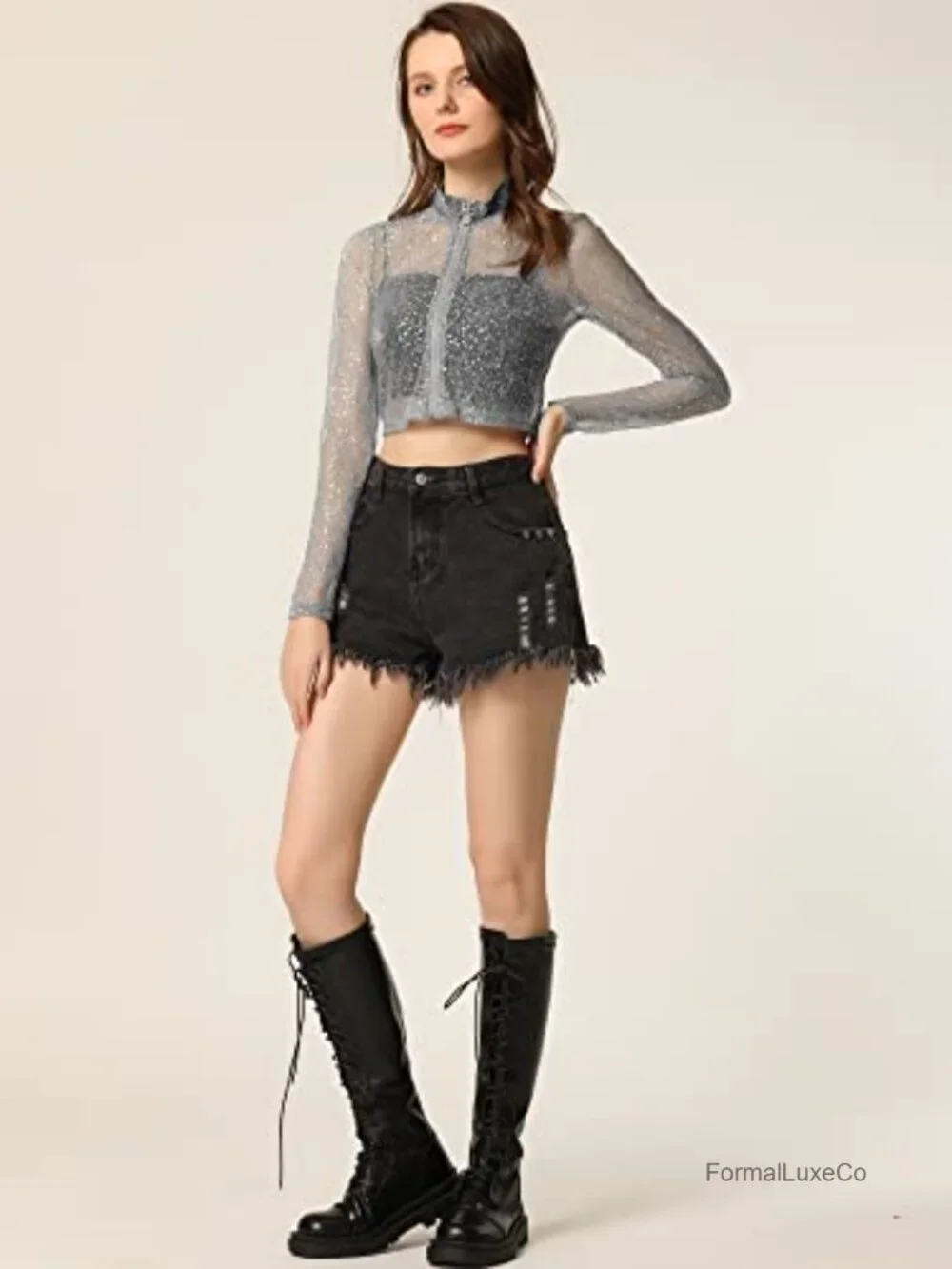 Sheer Mesh Glitter Crop Bomber Jacket Zip Up Rave Clubwear Party Top